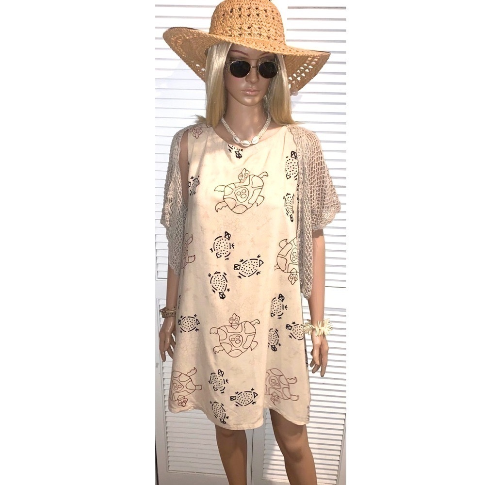 Vintage Peppermint Bay Turtle Rayon dress with net open coverup sweater Large